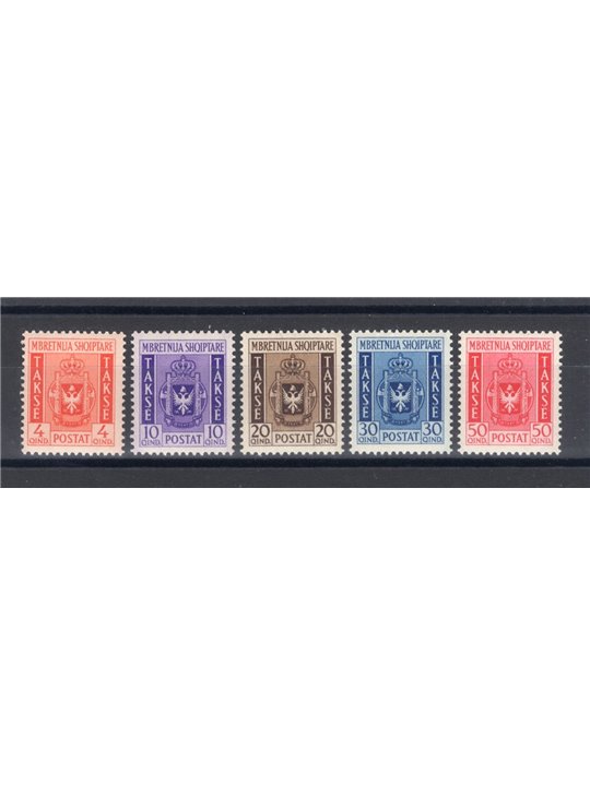 Albania 1940 Segnatasse stemma albanese serie n° 1/5 Cert. Biondi Cat. € 1.500 (**)