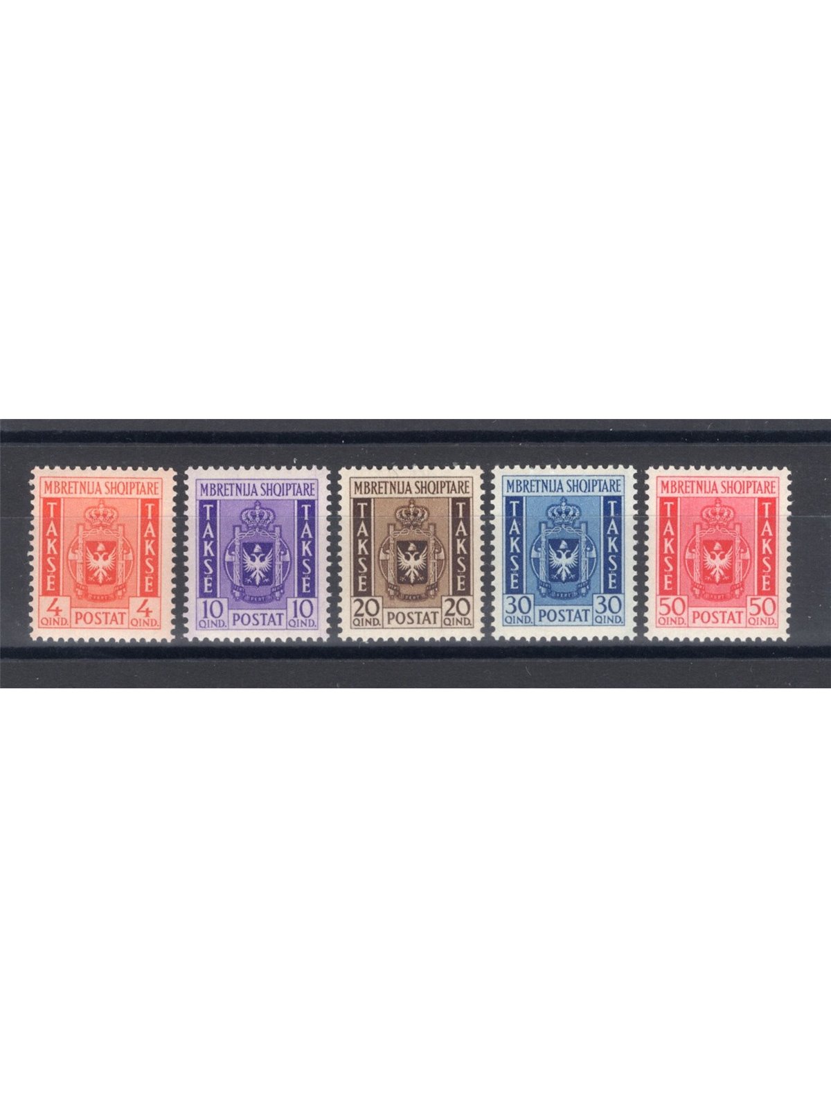Albania 1940 Segnatasse stemma albanese serie n° 1/5 Cert. Biondi Cat. € 1.500 (**)