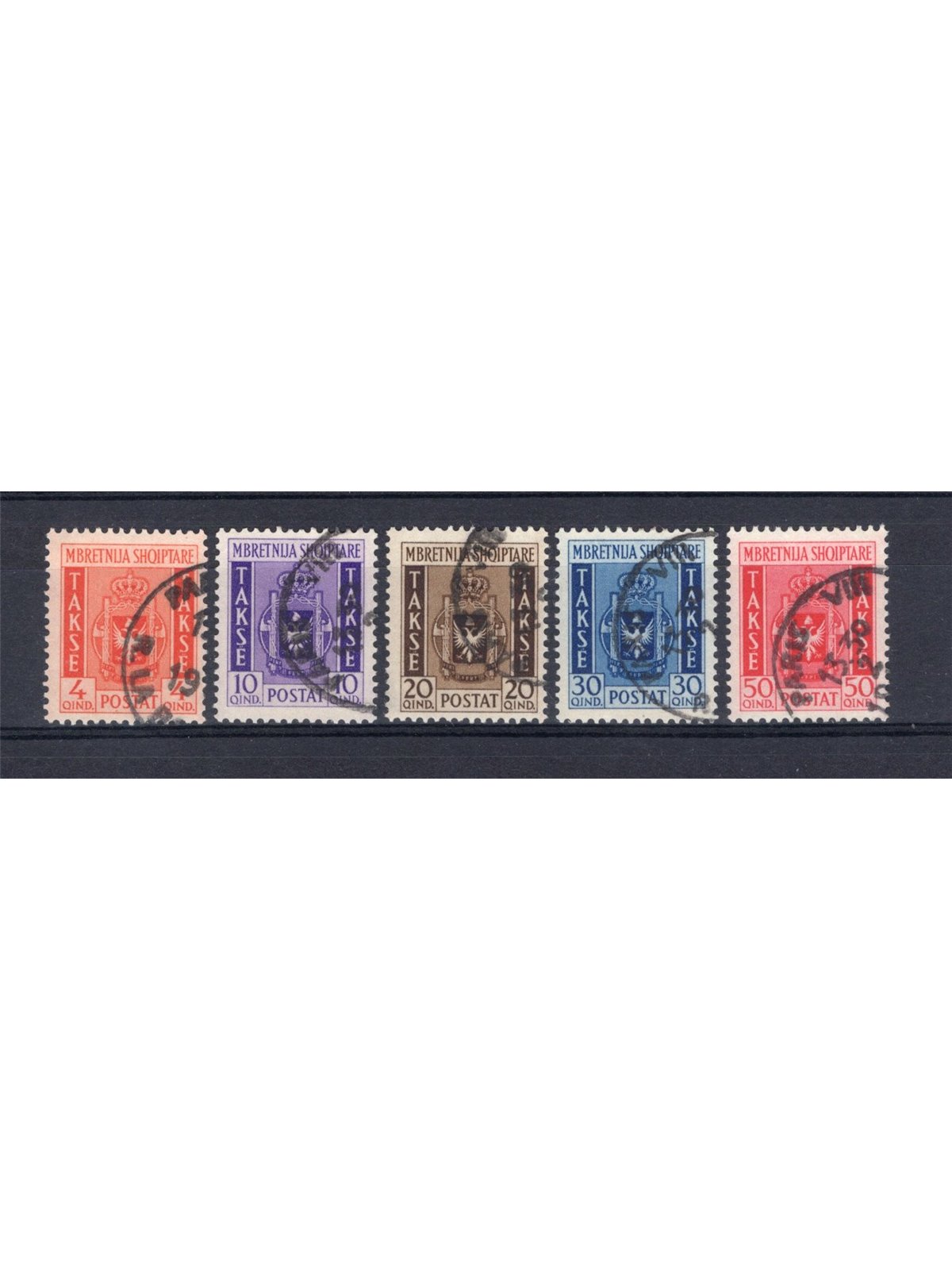 Albania 1940 Segnatasse stemma albanese serie n° 1/5 Cert. CiBaFil Cat. € 1.200 (U)