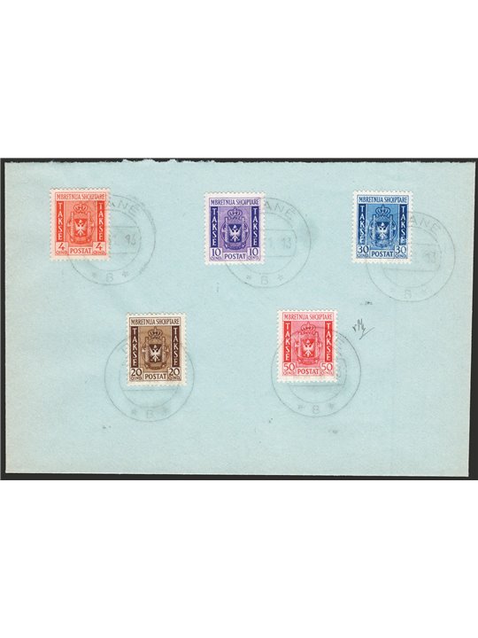 Albania 1940 Segnatasse stemma albanese su lettera filatelica ed annullata a Tirana serie n° 1/5 Cert. CiBaFil Cat. € 1.200 (com
