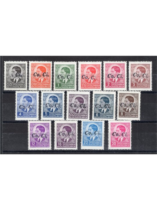 Ljubljana 1941 Yugoslav stamps from 1939/42 with hand-stamped “Co. Ci” overprint series no. 1B/15B certified by Apicella catalog