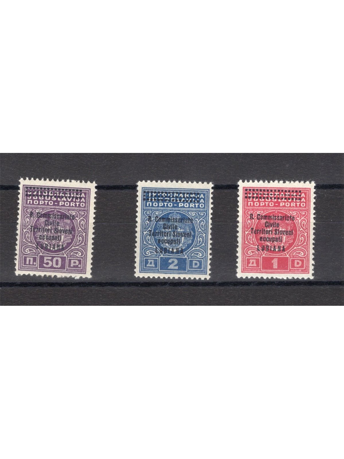 Lubiana 1941 Segnatasse di Jugoslavia soprast. serie n° 11/13 Cert. CiBaFil Cat. € 300 (**)