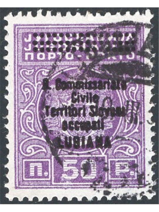 Ljubljana 1941 Yugoslav tax stamp 50 p. cyclamen with narrower overprint “R. Civil Commissariat Occupied Slovenian Territories L