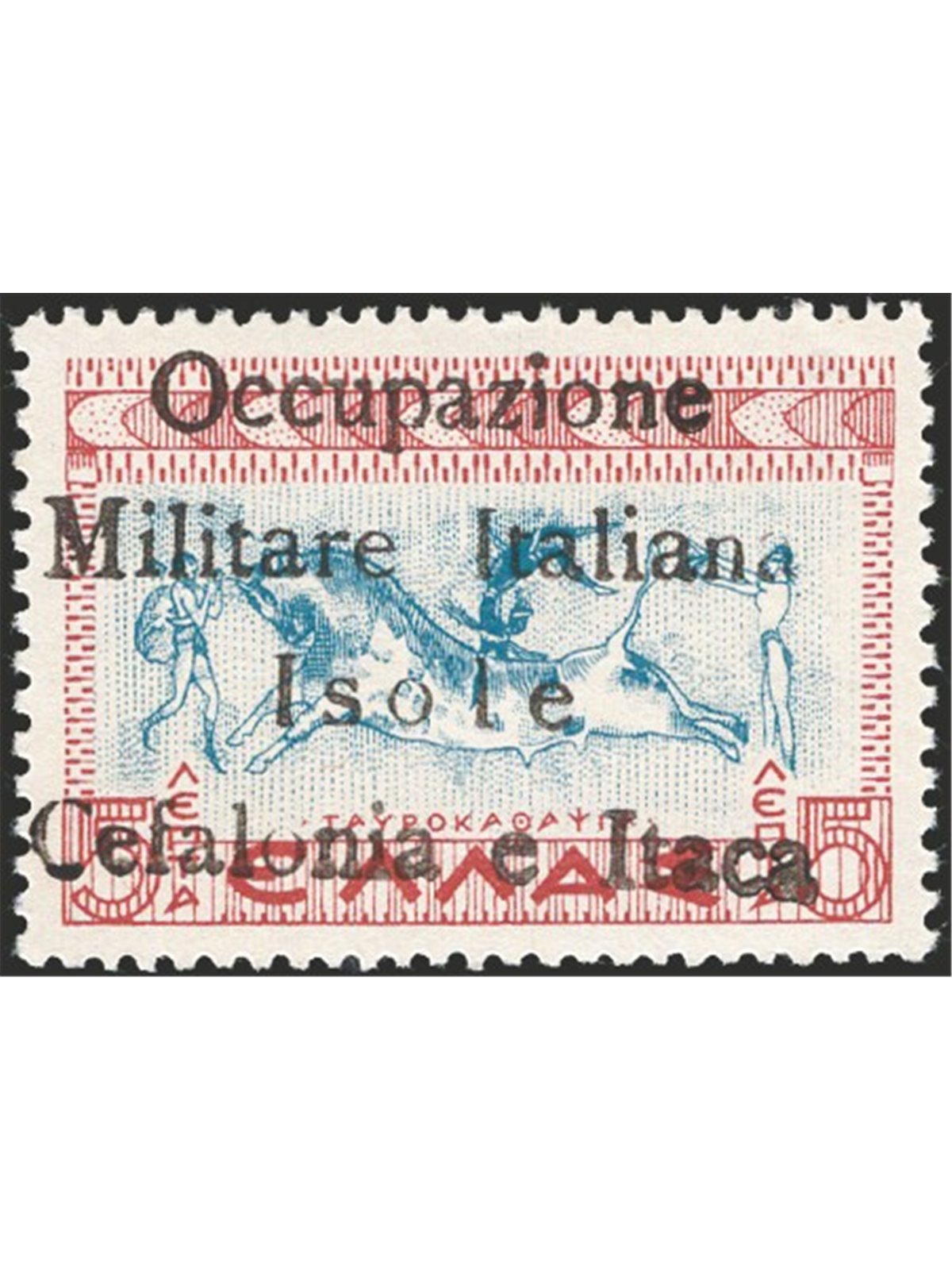 Kefalonia and Ithaca Ithaca issue 1941. Mythological 5 l. brown-red and light blue with hand-applied overprint “Italian Military