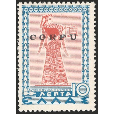 Corfù Occup. Militare Italiana 1941 Mitologica 10 lepta azzurro soprast. con errore “TIPY” anziché “TYPI” n° 20A Cert. Biondi Ca