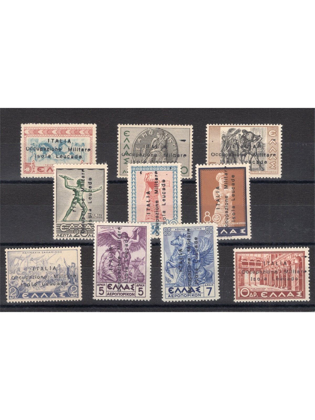 Occup. Militare Isola Leucade 1941 Francobolli di Grecia con soprast. "Italia Occupazione Militare Isola Leucade" in nero non em