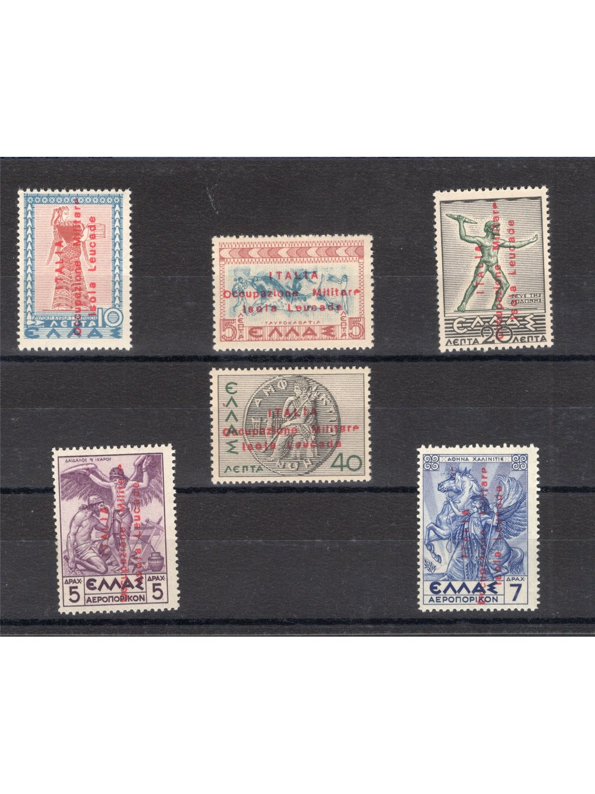 Occup. Militare Isola Leucade 1941 Francobolli di Grecia serie Mitologica con soprast. non autorizzata "Italia Occupazione Milit