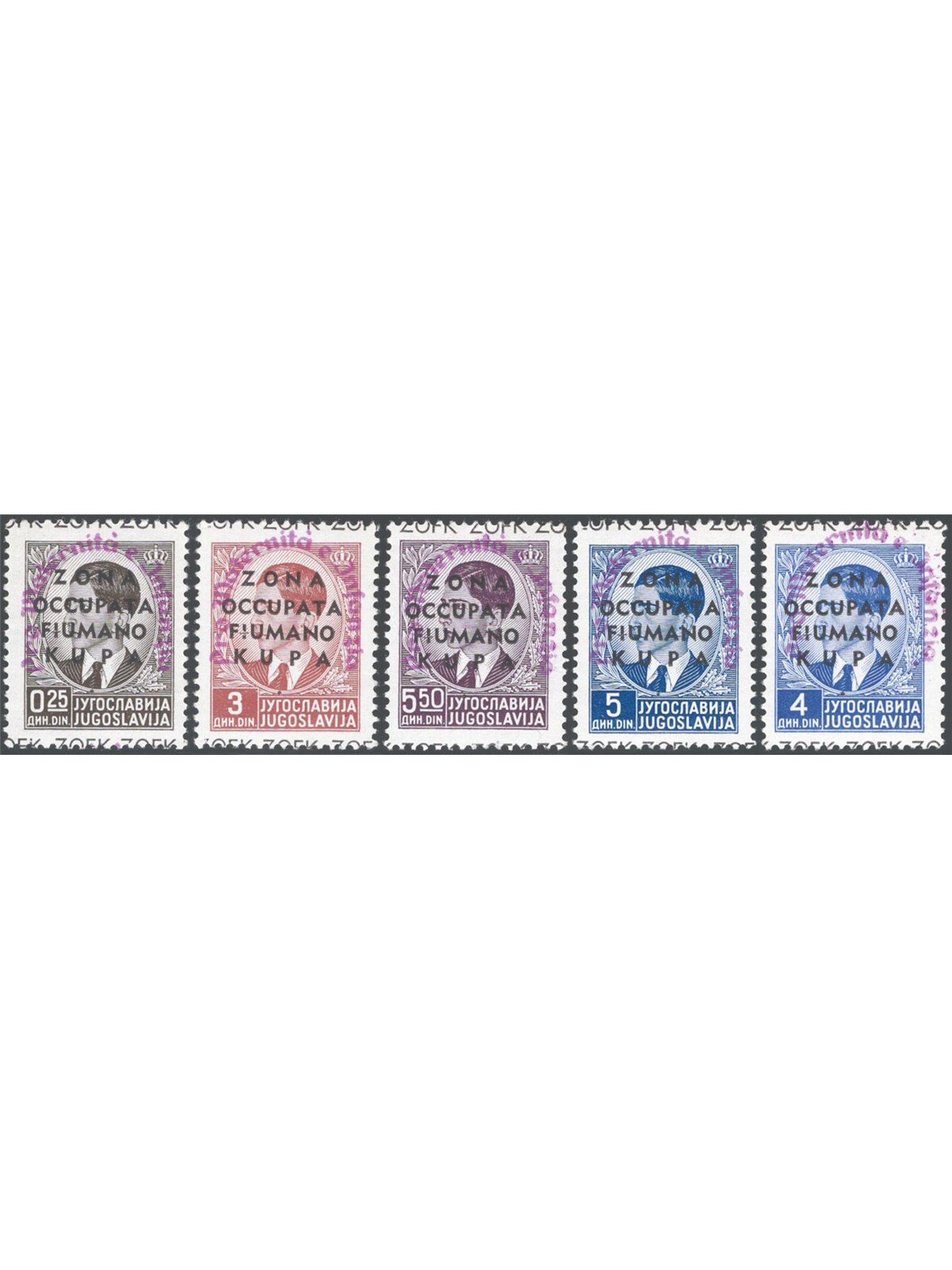 Fiumano Kupa Zone 1941 ‘Pro Opera Nazionale Maternità Infanzia’ with lilac overprint unissued series nos. 42 + 46/49 print run 1