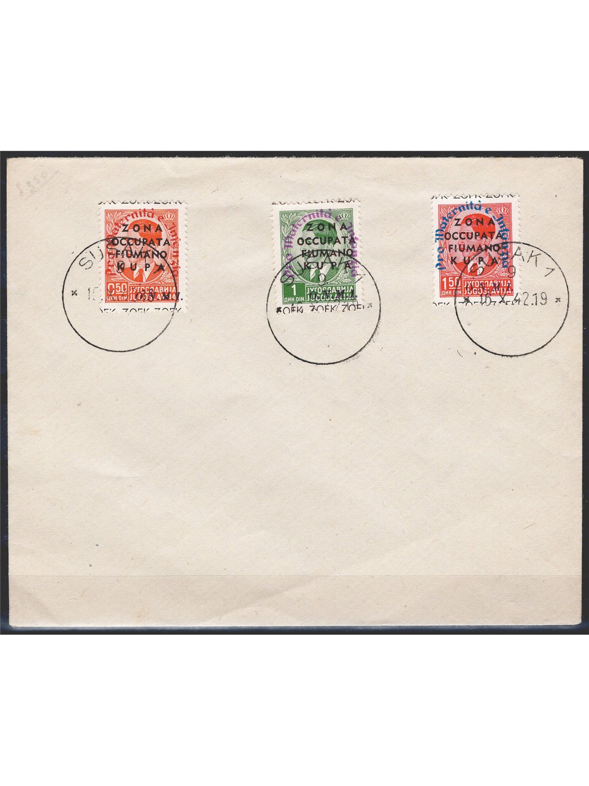 Fiumano Kupa Zone 1942 Philatelic letter franked with the National Organisation for Motherhood and Childhood series nos. 36/38 c