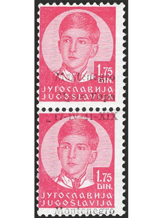 Montenegro 1942 King Peter 1.75 d. carmine in a pair with overprint vertically no. 14B CiBaFil certificate Cilio certificate Cat