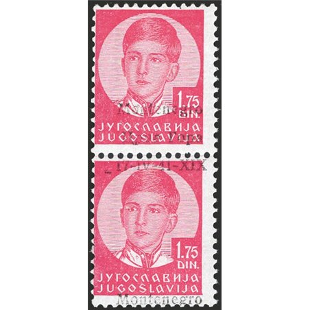 Montenegro 1942 King Peter 1.75 d. carmine in a pair with overprint vertically no. 14B CiBaFil certificate Cilio certificate Cat