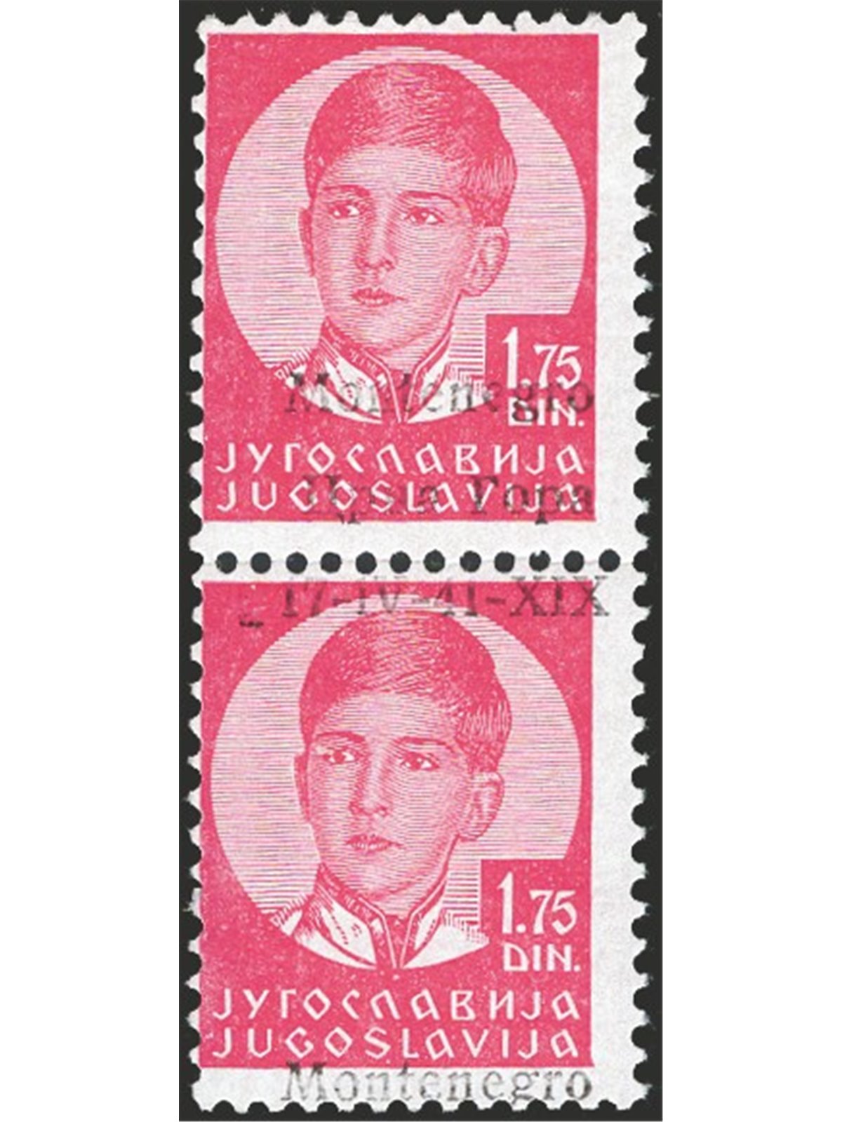 Montenegro 1942 King Peter 1.75 d. carmine in a pair with overprint vertically no. 14B CiBaFil certificate Cilio certificate Cat