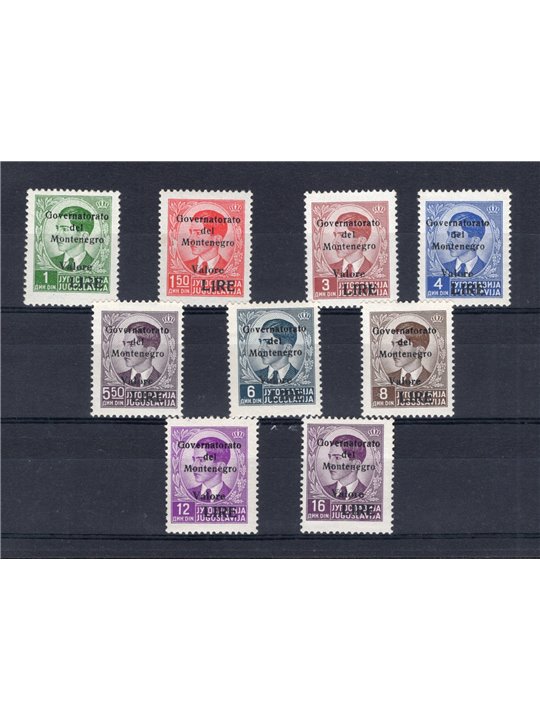 Montenegro 1942 Soprast. "Governatorato del Montenegro" serie n° 40/48 Cert. Biondi Cat. € 2.000 (**)