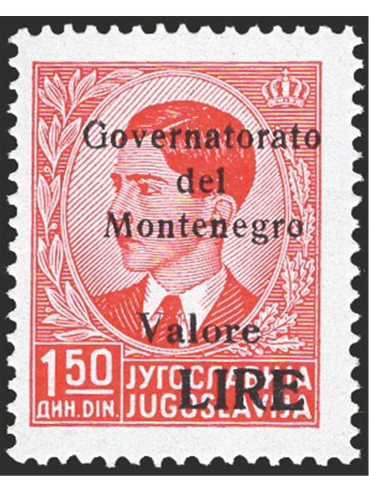 Montenegro 1942 Re Pietro 1,50 d. rosso pezzo chiave della serie n° 41 Cert. CiBaFil Cert. Biondi Cat. € 800 (**)