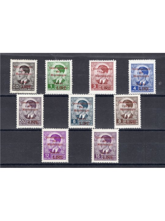 Montenegro 1942 Re Pietro con soprast. "Governatorato del Montenegro" in rosso serie n° 49/50 + 53/59 la serie senza i valori 1,