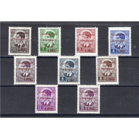 Montenegro 1942 King Peter with overprint “Governorate of Montenegro” in red series nos. 49/50 + 53/59 – the series excluding th