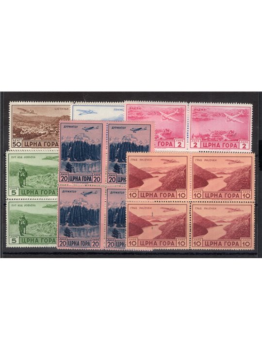 Montenegro 1943 P.A. ‘Serto della Montagna’ series nos. 26/31 in a block of four CiBaFil certificate Cat. € 1,000 (**)