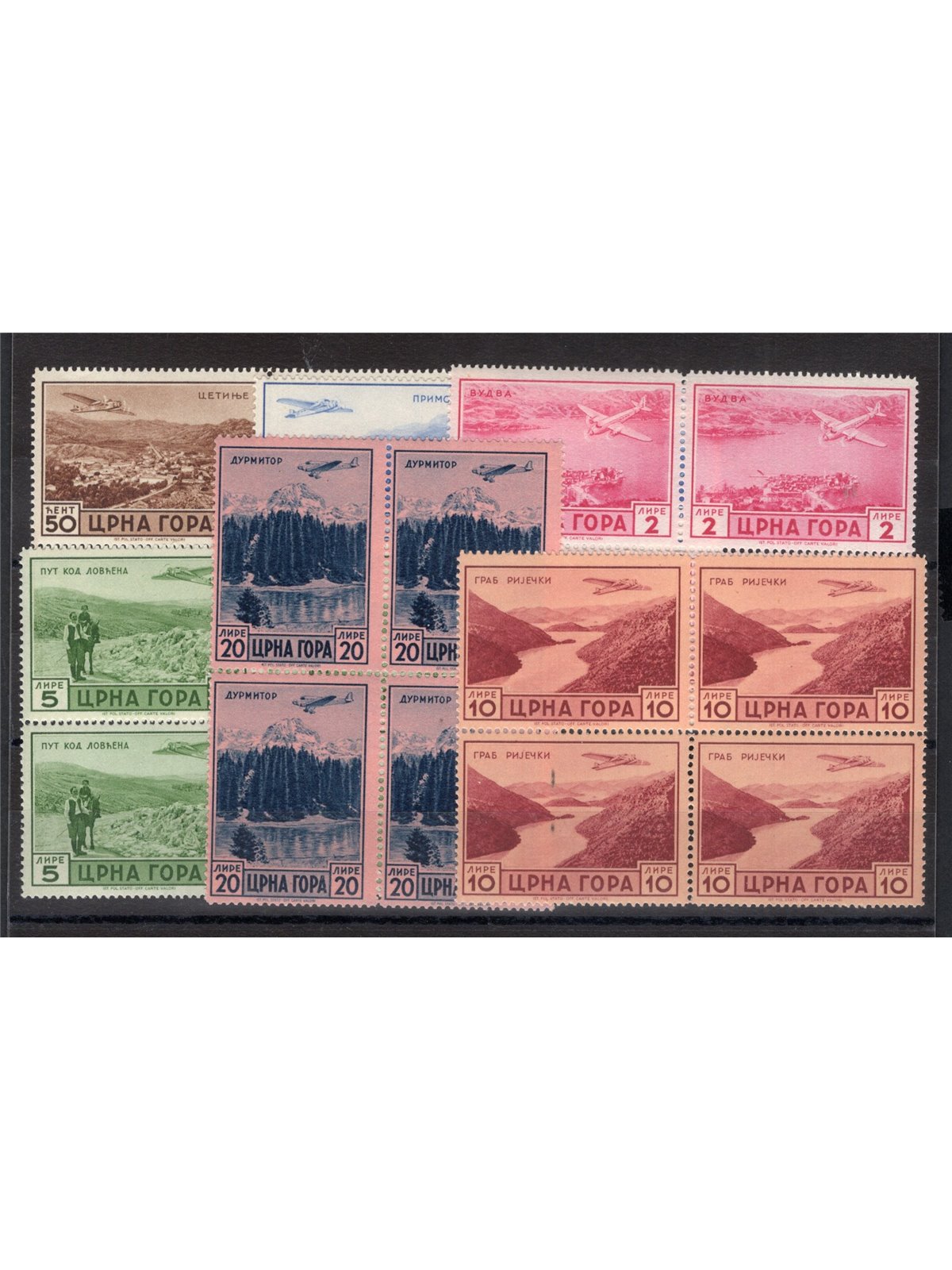 Montenegro 1943 P.A. ‘Serto della Montagna’ series nos. 26/31 in a block of four CiBaFil certificate Cat. € 1,000 (**)