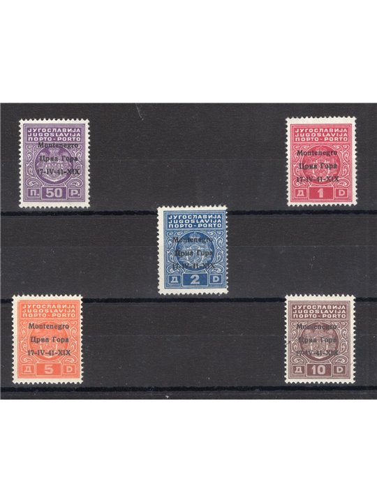Montenegro 1941 Segnatasse con soprast. bilingue "Montenegro 17 IV 41 XIX" serie n° 1/5 Cert. Biondi Cat. € 700 (**)