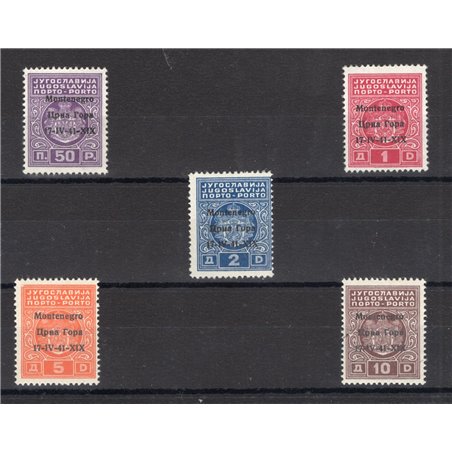 Montenegro 1941 Segnatasse con soprast. bilingue "Montenegro 17 IV 41 XIX" serie n° 1/5 Cert. Biondi Cat. € 700 (**)
