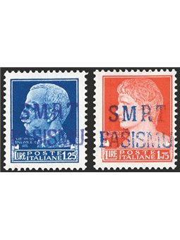 Libero Montenegro Partigiani di Lagosta 1943 Francobolli della serie Imperiale con soprast. “SMRT FASISMU” 1,25 £ violetta e 1,7