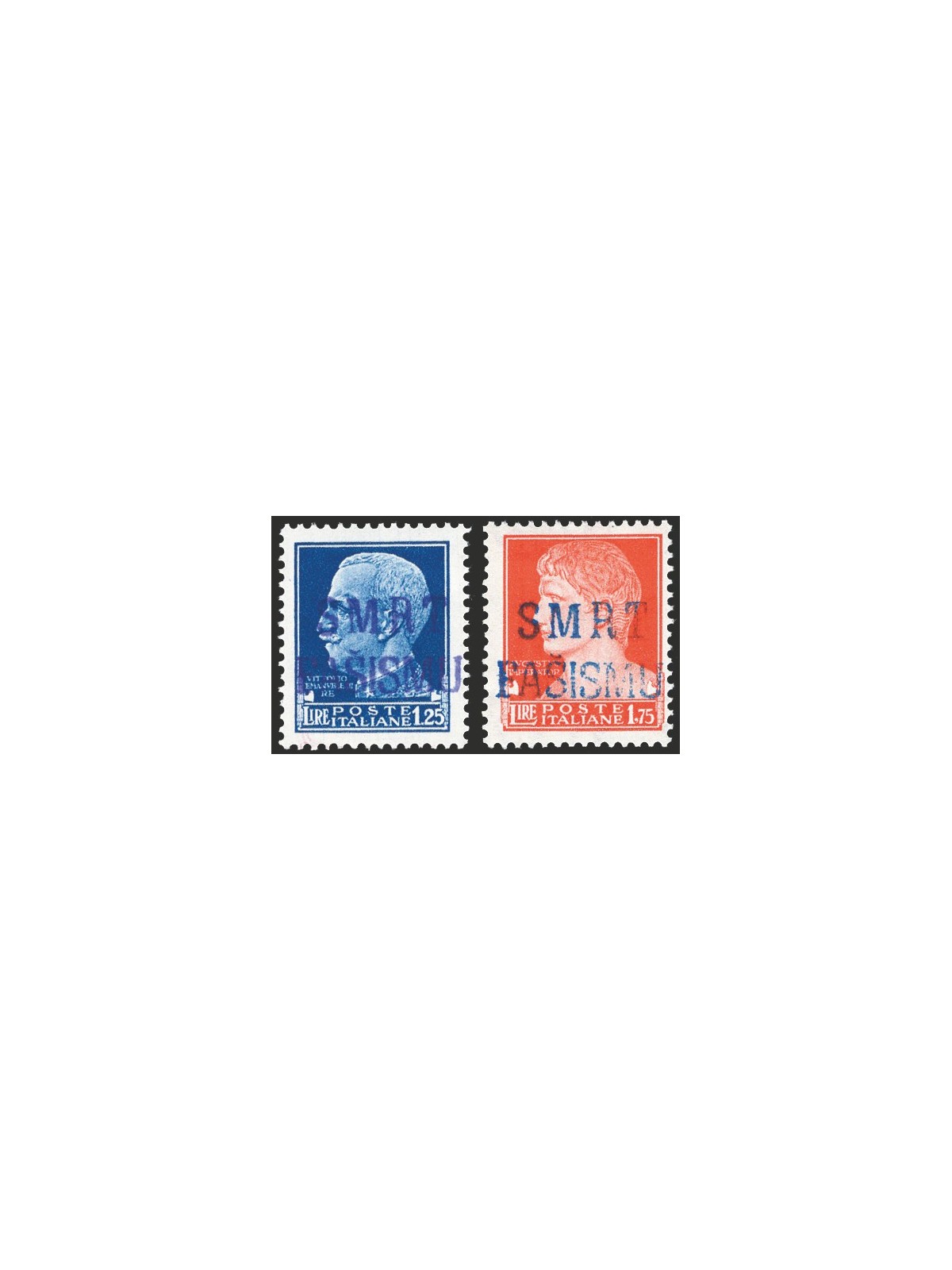 Libero Montenegro Partigiani di Lagosta 1943 Francobolli della serie Imperiale con soprast. “SMRT FASISMU” 1,25 £ violetta e 1,7