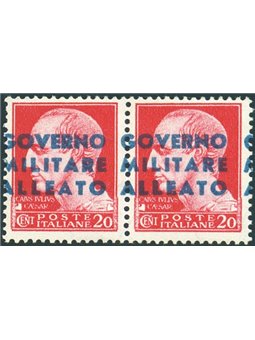 Naples 1943 Imperial 20 c. in a pair with overprint strongly shifted to the left no. 10Ag. Signed by Chia certified by Biondi ca