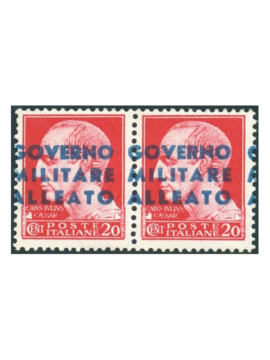 Naples 1943 Imperial 20 c. in a pair with overprint strongly shifted to the left no. 10Ag. Signed by Chia certified by Biondi ca