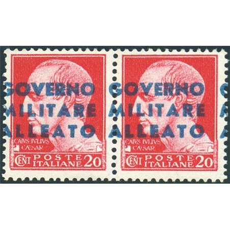 Naples 1943 Imperial 20 c. in a pair with overprint strongly shifted to the left no. 10Ag. Signed by Chia certified by Biondi ca