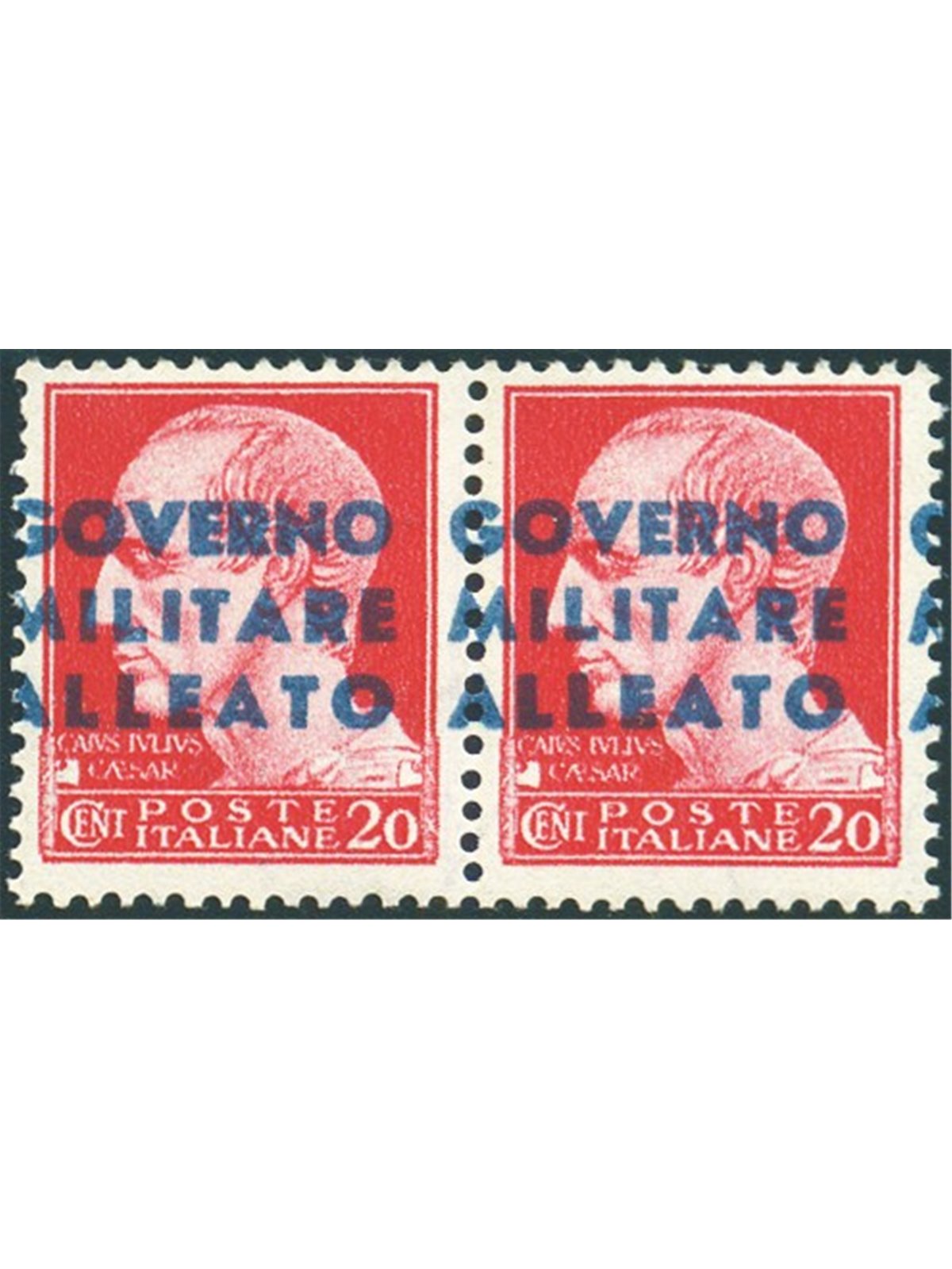 Napoli 1943 Imperiale 20 c. in coppia con soprast. fortemente spostata a sinistra n° 10Ag. Firm. Chia Cert. Biondi Cat. € 187 (*