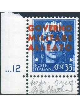 Naples 1943 Imperial 35 c. light blue sheet corner with plate number ‘...12’ and overprint no. 11 certified by Biondi (**)