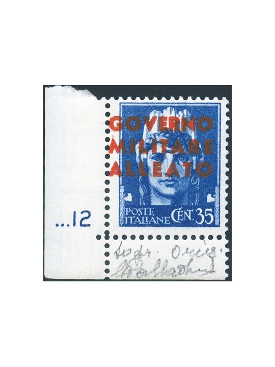 Naples 1943 Imperial 35 c. light blue sheet corner with plate number ‘...12’ and overprint no. 11 certified by Biondi (**)