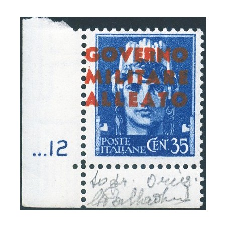 Naples 1943 Imperial 35 c. light blue sheet corner with plate number ‘...12’ and overprint no. 11 certified by Biondi (**)