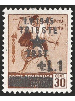 Trieste Destroyed Monuments overprint 1 £ on 30 c. brown and 10 £ on 30 c. with crown watermark no. 12/13. Signed Raybaudi Chia 