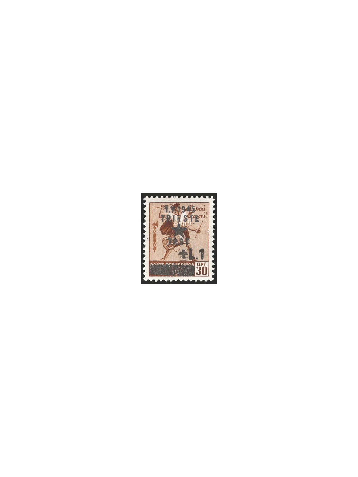 Trieste Destroyed Monuments overprint 1 £ on 30 c. brown and 10 £ on 30 c. with crown watermark no. 12/13. Signed Raybaudi Chia 