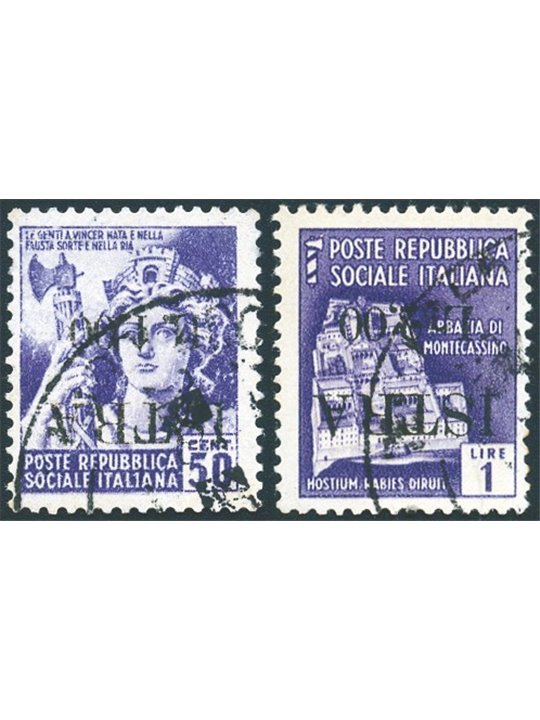 Istria (Pola) 1945 Monumenti Distrutti 1 £ su 50 c. + 2 £ su 1 £ con soprast. capovolta n° 26a+30a Cert. Biondi Cat. € 600 (U)