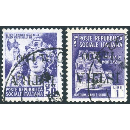 Istria (Pola) 1945 Monumenti Distrutti 1 £ su 50 c. + 2 £ su 1 £ con soprast. capovolta n° 26a+30a Cert. Biondi Cat. € 600 (U)