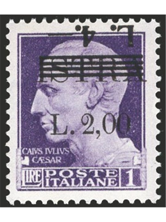 Istria (Pola) 1945 Imperiale L. 4 su L. 2 su L. 1 violetto soprast. con la seconda soprast. 4 L. capovolta e fortemente spostata