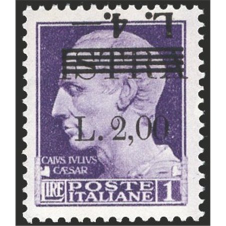 Istria (Pula) 1945 Imperial L. 4 on L. 2 on L. 1 violet overprint with the second overprint (4 L.) inverted and significantly sh
