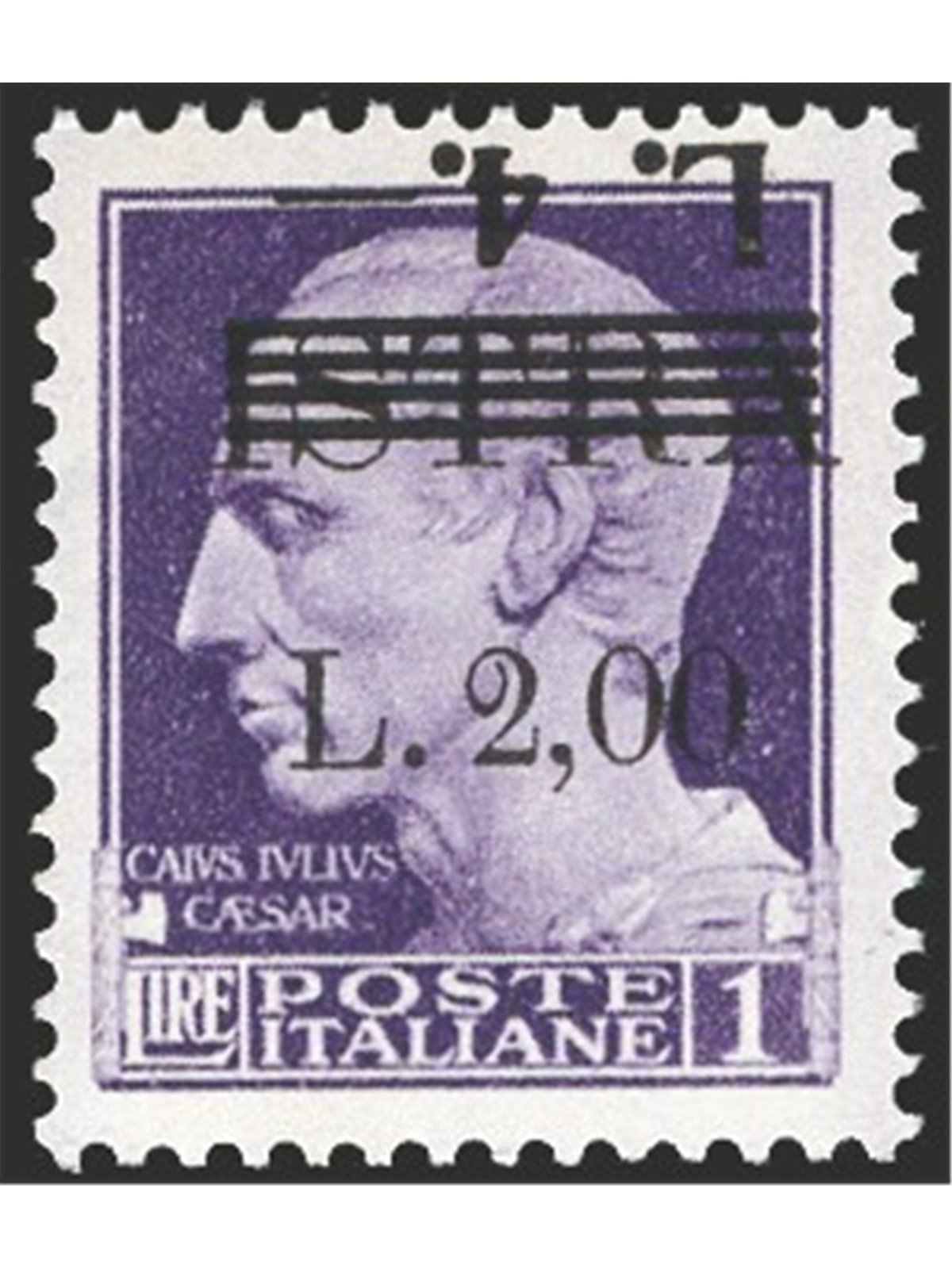Istria (Pola) 1945 Imperiale L. 4 su L. 2 su L. 1 violetto soprast. con la seconda soprast. 4 L. capovolta e fortemente spostata