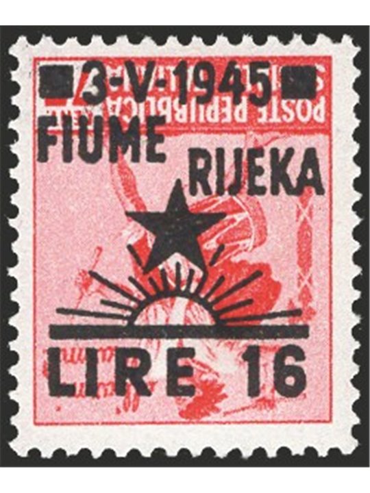 Rijeka 1946 Tamburino 16 £ on 75 c. carmine pink watermark-free with occupation overprint no. 21 CiBaFil Cert. Cat. € 400 (** )