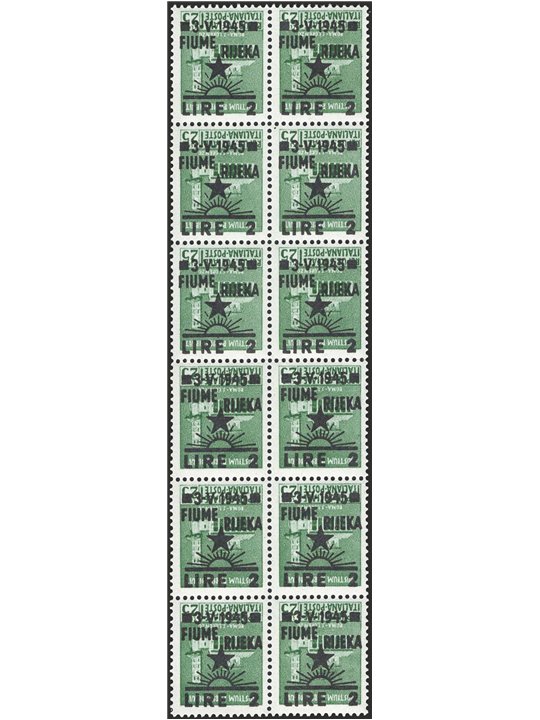 Fiume 1945 Monumenti distrutti 2 £ su 25 c. verde con soprast. dell'occupazione capovolta in blocco da 12 n° 14aa Cert. CiBaFil 
