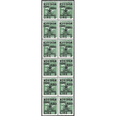 Fiume 1945 Monumenti distrutti 2 £ su 25 c. verde con soprast. dell'occupazione capovolta in blocco da 12 n° 14aa Cert. CiBaFil 