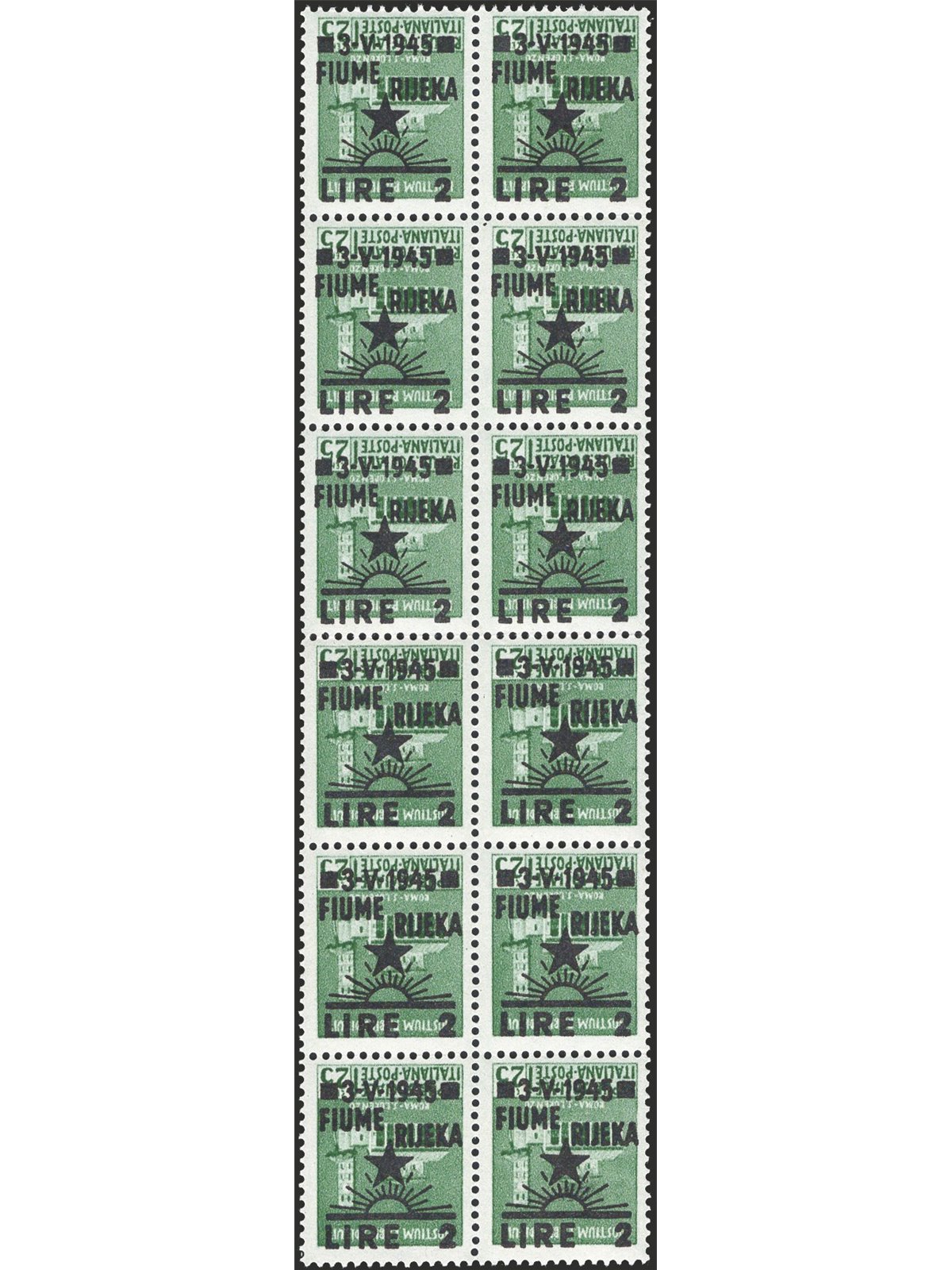 Fiume 1945 Monumenti distrutti 2 £ su 25 c. verde con soprast. dell'occupazione capovolta in blocco da 12 n° 14aa Cert. CiBaFil 