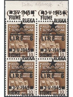 Fiume 1945 MNH Monumenti distrutti 6£ su 10c.bruno in quartina soprastampati