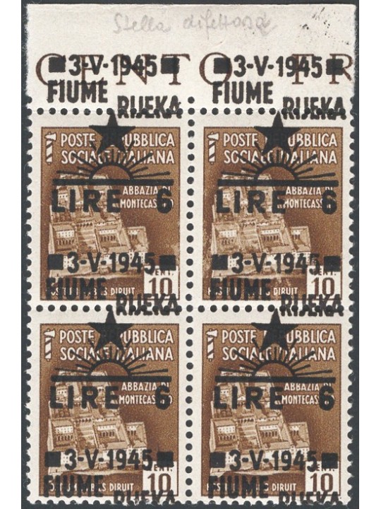 Rijeka 1945 MNH Destroyed Monuments 6 £ on 10 c. brown in a block of four overprinted