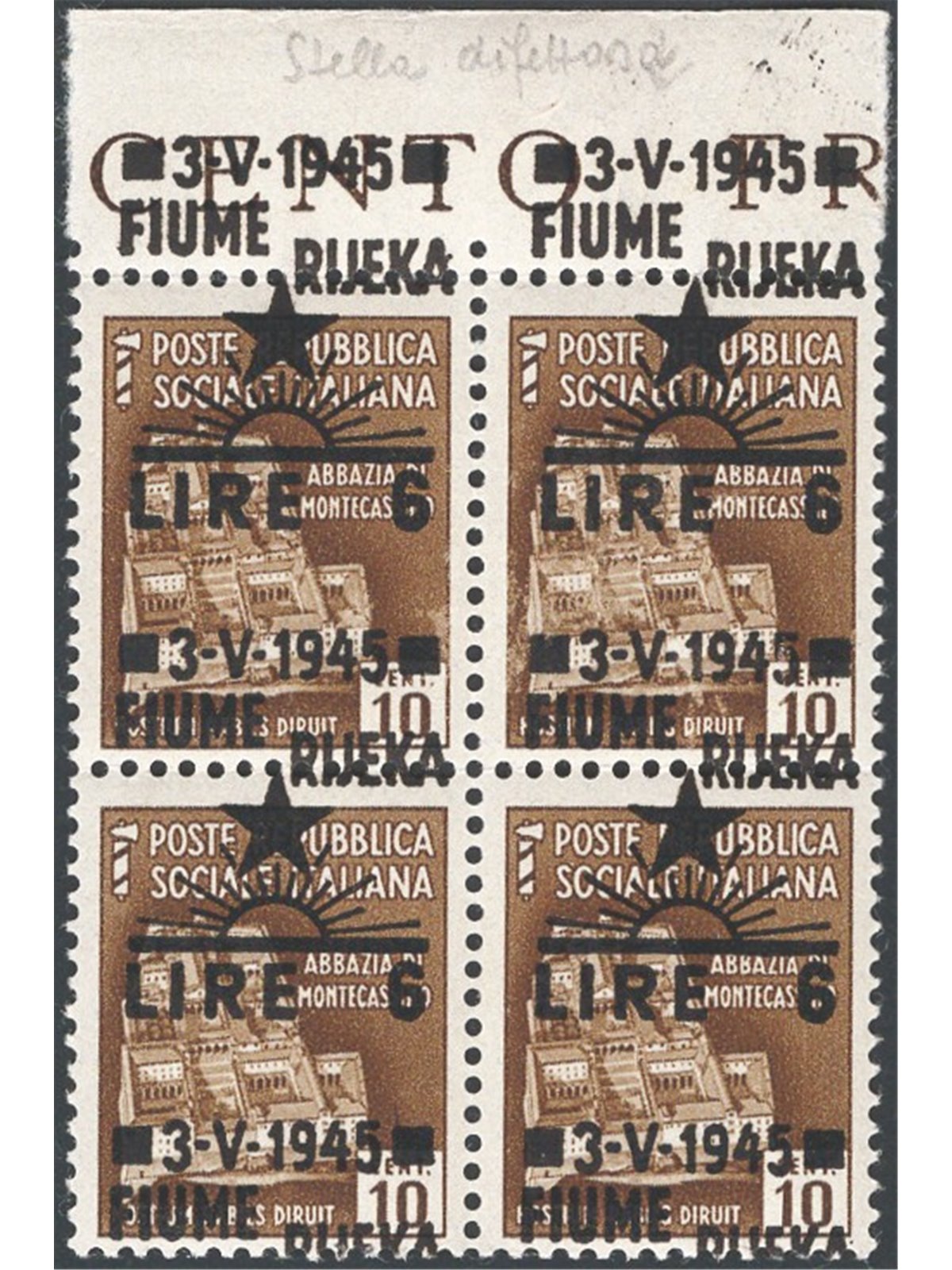 Rijeka 1945 MNH Destroyed Monuments 6 £ on 10 c. brown in a block of four overprinted