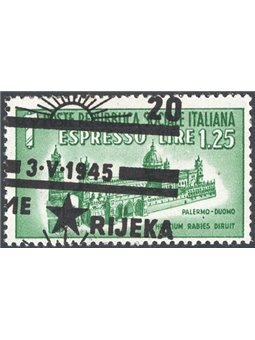 Rijeka 1945 Destroyed Monuments Express 1.25 £ with the occupation overprint slanted and heavily shifted to the left as well as 