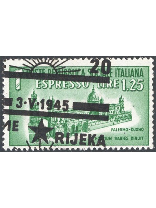 Fiume 1945 Monumenti distrutti Espresso 1,25 £ con soprast. dell'occupazione obliqua e fortemente spostata a sinistra nonché par