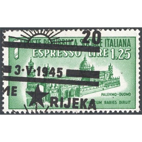 Rijeka 1945 Destroyed Monuments Express 1.25 £ with the occupation overprint slanted and heavily shifted to the left as well as 